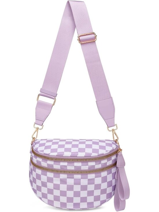 Handbags - Women's Purple Spacious Checkered Double-Zipper Compartments Crossbody Bags